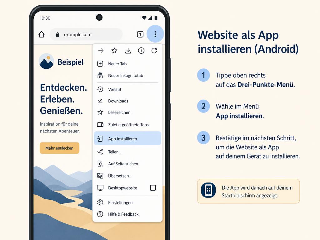 Android in Chrome: Drei-Punkte-Menü mit dem Eintrag „App installieren“.
