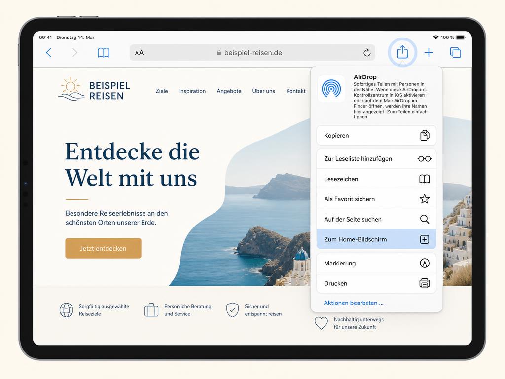 iPad in Safari: Teilen-Symbol oben rechts und Menüeintrag „Zum Home-Bildschirm“.