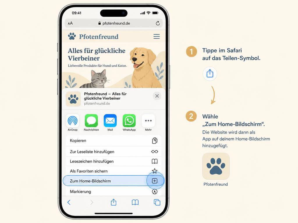 iPhone in Safari: geöffnetes Teilen-Menü mit hervorgehobenem Eintrag „Zum Home-Bildschirm“.